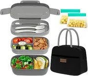 JBGOYON® Bento Lunch Box Set - 3 Stackable Containers for Adults and Kids- Includes Lunch Bag, Leak-Proof and BPA-Free - Built-in Utensil Set and Snack Bag - Dishwasher Safe(Grey Black)