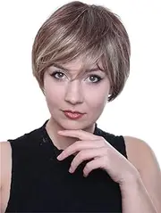 C128 - Wig short hair brown & blond highlights natural stepped fringe