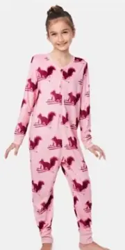 Justice Girls Pink Fleece Pajamas Blanket Sleeper Snap Front Graphics Size 7/8