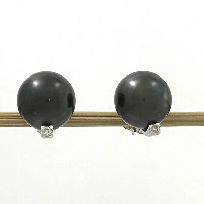 Charming Black Tahitian Pearl Diamond Stud Earrings – 14k White Gold