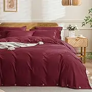 JELLYMONI Bedding Duvet Cover King Size - 100% Washed Cotton Linen Like Textured Comforter Cover, 3 Pieces Breathable Soft Bedding Set with Button Closure (Dark Red, King 104"x90")
