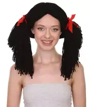 Gothic Rag Doll Wig Black Two Ponytails Hair Red Ribbon Cosplay Party HW-2552