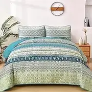 WONGS BEDDING Boho Quilt Set Queen Size Aqua, 3 Pieces Striped Bedspread Coverlet Set, Bohemian Soft Lightweight Microfiber for All Season(96"×90")