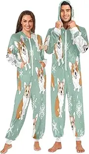 [ZZXXB] Corgi Snowflake Onesie Pajamas for Adult Women Men Long Sleeves One Piece Onesies Hooded Sleepwear S - XL