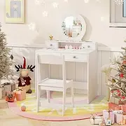 HONEY JOY Kids Vanity Set with Mirror, Princess Makeup Dressing Desk and Chair Set with Mirror, Open Shelf and 4 Storage Drawers, Pretend Play Vanity Table Set (White)