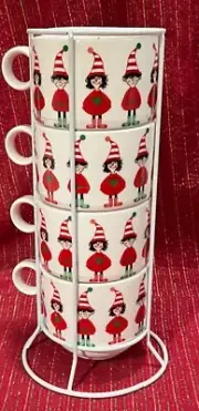 Grace Fine Porcelain Elves Around the Coffee Cup Mug - Stackable Set Of 4 w/rack