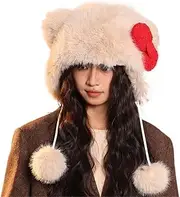 [DILINBAO] 2025 Cute Furry Winter Hat with Red Bow Fashion Warm Animal Horns Ears Hat Furry Faux Fur Beanie Ear Flaps Ski Hat
