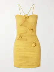 [Maygel Coronel] Maygel Coronel - Coari Appliquéd Ruched Cutout Stretch-jersey Halterneck Mini Dress - Yellow - Extended Extended Yellow
