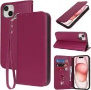 for iPhone 15 Plus 14 Plus Case Leather Wallet Magnetic Flip Cover with Wrist