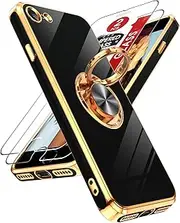 LeYi for iPhone SE Case iPhone 8 Case: Tempered Glass Screen Protector [2 Pack] 360° Rotatable Ring Holder Magnetic Kickstand, Plating Rose Gold iPhone 7/8/ SE 2020/2022/ 3rd Generation Case, Black
