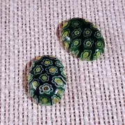Millefiori Art Glass Cabochons 18x13mm Oval Green Yellow White Flowers 2 pcs