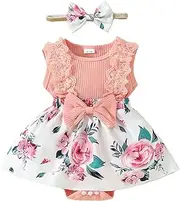 [Generic] Baby Girls Sleeveless Lace Lace Triangle Dress 0 1 Year Old Baby Flower Bow Dress Headband Girls Bodysuit 12 18 Months (RD1, 12-18 Months)