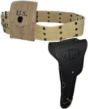 Combo Set M1911 Leather Colt .45 Hip Holster, Webbing Belt and Colt Pouch