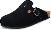 [Intini] Womens Suede Clogs Mens Leather Mules Cork Footbed Sandals with Arch Support, Black, 14 Women/13 Men