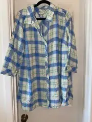 SUSAN GRAVER Reg Yarn Dyed Plaid Button Front Shirt BLUE/LEMON sz 2X