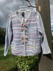 Nic & Zoe Woven Crop Jacket Sweater Top Blue Multi Fringe L NWT $128