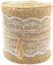 Natural Burlap Ribbon with Lace (White)