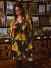 Yellow/Black Floral Kew Collection Floral Mesh Mini Dress (E16378) | $49