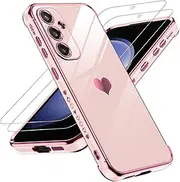 [LeYi] for Galaxy S23 FE Case: with Tempered Glass Screen Protector [2 Pcs]+ Full Camera Lens Protection, Love Heart Plating Women Cute Luxury Soft TPU Shockproof Case for Samsung S23FE 5G, Pink