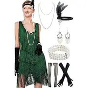 Retro Vintage Roaring 20s 1920s Flapper Dress Outfits Accessories Set The Great Gatsby Wedding Guest Sequins Tassel Fringe Sequin Tassel V Neck Women's Hallowe