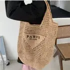 Natural Raffia Knit Tote Bag w Embroidered ‘Paris Milano’ Triangle Design Hobo