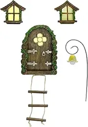 Elf Door Fairy Door Mini Set Glow in Dark Fairy Garden Decor, Weather Resistant Resin & Window for Tree Trunk Stump Decor, Yard Art Sculpture Lawn Ornament