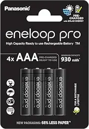 Panasonic eneloop Pro, Ready-to-Use NI-MH Battery, AAA/Micro, Pack of 4, Minimum 930 mAh, 500 Charge Cycles, Low Self-Discharge, Rechargeable Battery, Plastic-Free Packaging, Black, BK-4HCDE/4BE