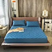 Deep Fitted Sheet,Solid Color Quilted Fitted Sheet, Bedroom Hotel Extra Deep Pocket Mattress Protector Mattress Topper,Blue,90 * 200cm+20cm
