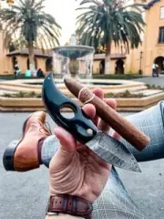 Damascus Steel Cigar Cutter Razor Sharp Buffalo Horn Handle with Leather Sheath