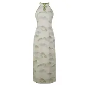 Spring Summer Silk Hemp Cheongsam Long Dress Improved Sleeveless Chinese Qipao