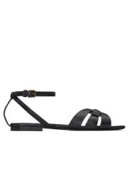 Saint Laurent Tribute Flat Sandals in Crocodile-Embossed Shiny Leather