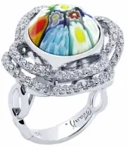 ALAN K. Large Round Ring Clover CZ Basket Multicolor Murano Glass & St/Silver