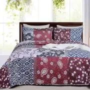 Patchwork Quilt Set Quee Full Size 3 Pcs, Blue and Red Navy Bedspreads, Soft