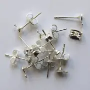 Silver Finished Cup Posts w/ Loop & Earnuts - 4 mm - 10 PAIR