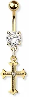 [Pierced Owl] 14GA 316L Stainless Steel CZ Crystal Cross Dangling Belly Button Ring