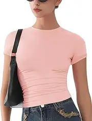 [ARCFEETORY] Short Sleeve T-Shirts Women's Crew Neck Summer T-Shirts Basic Tight Y2k Tee Tops Plain Shirts XS-XXL, Corals, XS