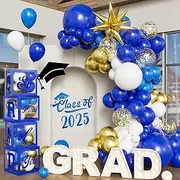 Graduation Balloon Arch Kit With Boxes, 130Pcs Blue White Gold Balloon Arch Garland Kit Blue White Gold Dark Blue Balloons Gold Confetti Balloons 4 Boxes for Graduation Decorations Class of 2025