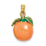 14k Yellow Gold W/ Enamel 3-D Orange With Stem and Leaf Charm