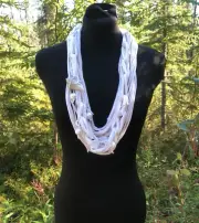 White Recycled Tee Shirt Fabric Graduated Multi Strand Necklace Shell Faux Pearl