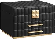 SONGMICS HOME ANAH Collection - 3-Tier Jewellery Box with Mirror, Jewellery Organiser with 2 Drawers, PU Surface with Stitching, Floating Effect, 21.5 x 24 x 15.8 cm, Gift Idea, Ink Black JBC183B01
