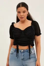 Black Crop Top Short Sleeve Mesh Ruched