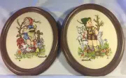 2 Vtg Hummel Boy & Girl Oval Framed Crewel Embroidery Needlework