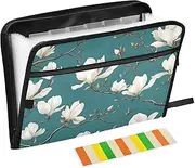 Quteprint 13 Pockets Expanding File Folder with Zipper Closure, White Magnolia Flowers Accordion File Folder with Sticky Labels, Letter Size A4 Papers Expandable File Document Organizer