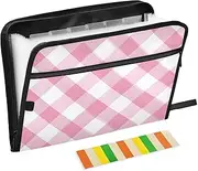 Quteprint 13 Pockets Expanding File Folder with Zipper Closure, Pink Plaid Pattern Accordion File Folder with Sticky Labels, Letter Size A4 Papers Expandable File Document Organizer