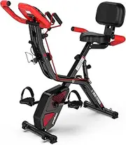 [pooboo] Folding Exercise Bike Indoor Cycling Bike Magnetic Upright Bike Stationary Bike with Dumbbells,Pull Rope,Pulse