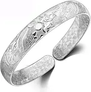 [Tbkoly] Fashion Silver Sterling Cuff Bangle Chain Bracelets,Ladies 925 Silver Bracelet Vintage Adjustable Cuff Bangle Hand Carve Phoenix Chinese Bracelets