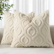 Throw Pillow Covers 18X18 Inch Set of 2, Soft Plush Faux Wool Beige Couch Pillow