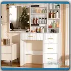 Dressing Table With LED Sliding Mirror And 4 Drawer 7 Shelves Makeup Vanity Desk