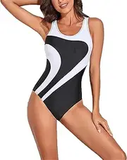 [EDDGE] Women's One-Piece Swimsuits, Women's Contrast Color Racerback One Piece Swimsuit Cutout Back Monokini Bathing Suit Tummy Control Sleeveless Swimming Costume Tummy Control Bathing Suit Retro Vintage Sw