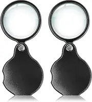Wapodeai 2pcs 10x Small Pocket Magnify Glass Premium Folding Mini Magnifying Glass with Rotating Protective Leather Sheath, Apply to Reading, Science, Jewelry, Hobbies, Books, 1.96in